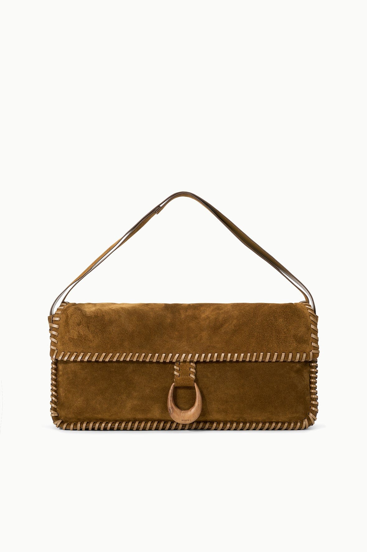 Harlow messenger bag, cigar-brown suede flap with buckle and top handle