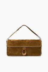 Harlow messenger bag, cigar-brown suede flap with buckle and top handle