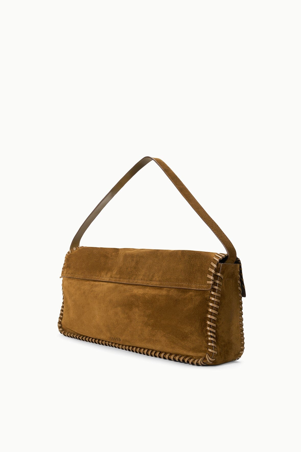 Harlow messenger bag, cigar-brown suede with braided trim and shoulder strap