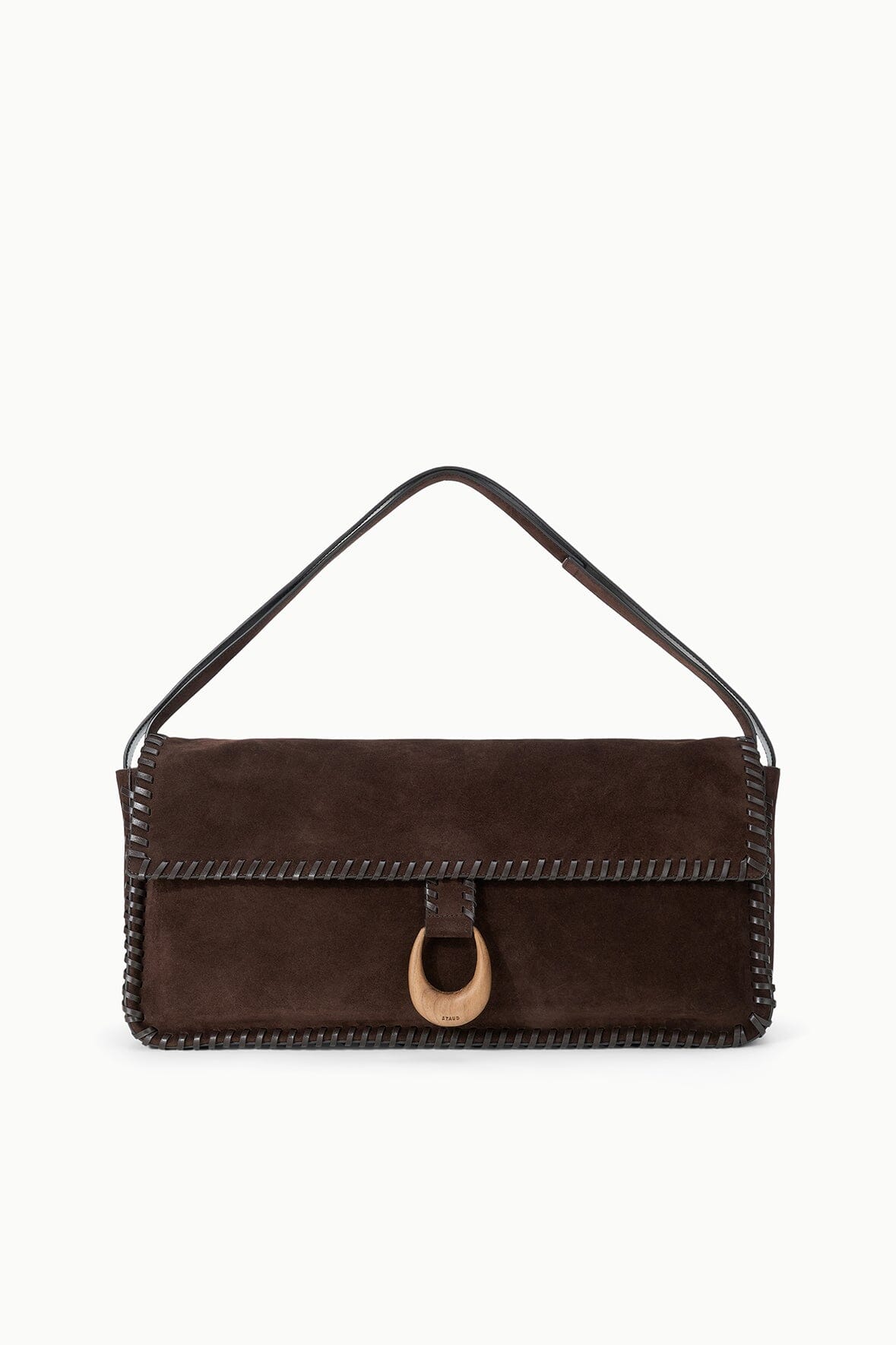 Espresso brown suede mini messenger bag with top handle, flap, and ring closure.
