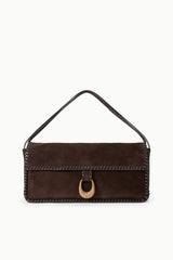 Espresso brown suede mini messenger bag with top handle, flap, and ring closure.