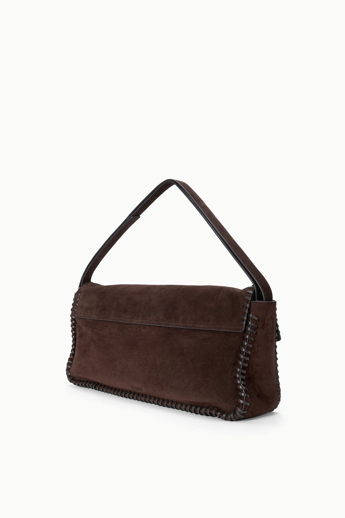 Espresso brown suede messenger bag with stitched trim and top handle loop.