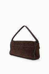 Espresso brown suede messenger bag with stitched trim and top handle loop.
