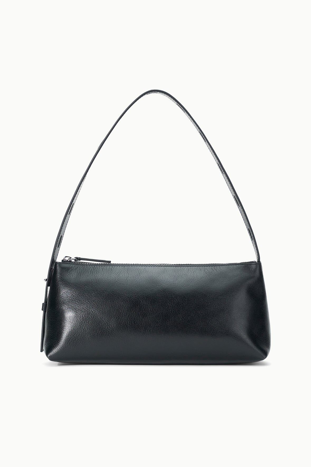 Black shoulder bag with short handle and structured top opening