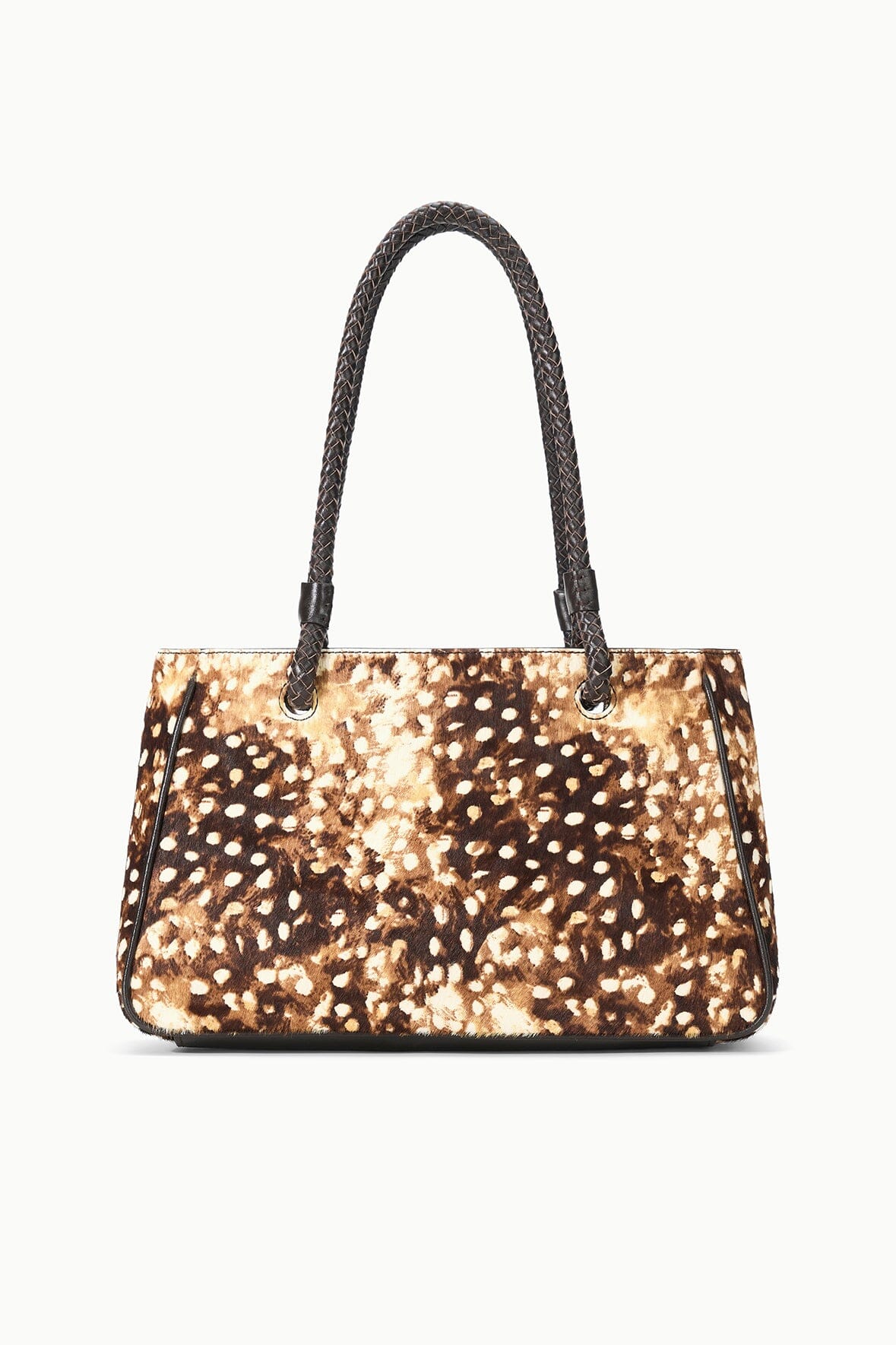 FIONA shoulder bag in fawn leopard-print haircalf with black braided handles