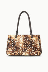 FIONA shoulder bag in fawn leopard-print haircalf with black braided handles