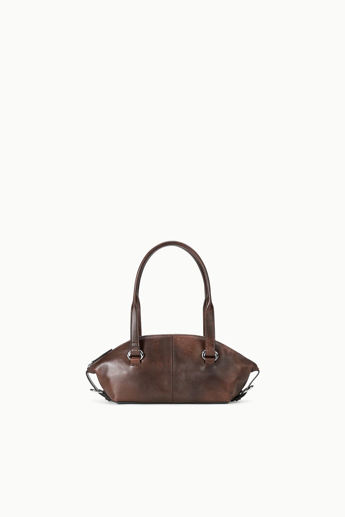 HESTER mini shoulder bag in distressed espresso brown leather, top handles, metal rings
