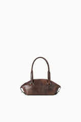 HESTER mini shoulder bag in distressed espresso brown leather, top handles, metal rings