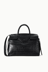 Black croc-embossed carryall bag with top handle and side shoulder strap