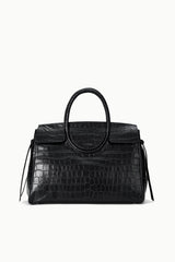 Black croc-embossed carryall with curved top handles and flap pockets