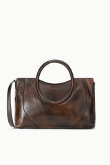 Espresso brown distressed leather satchel, oval top handle, front seam detail