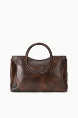 Espresso brown distressed leather satchel, oval handle and side profile with seams