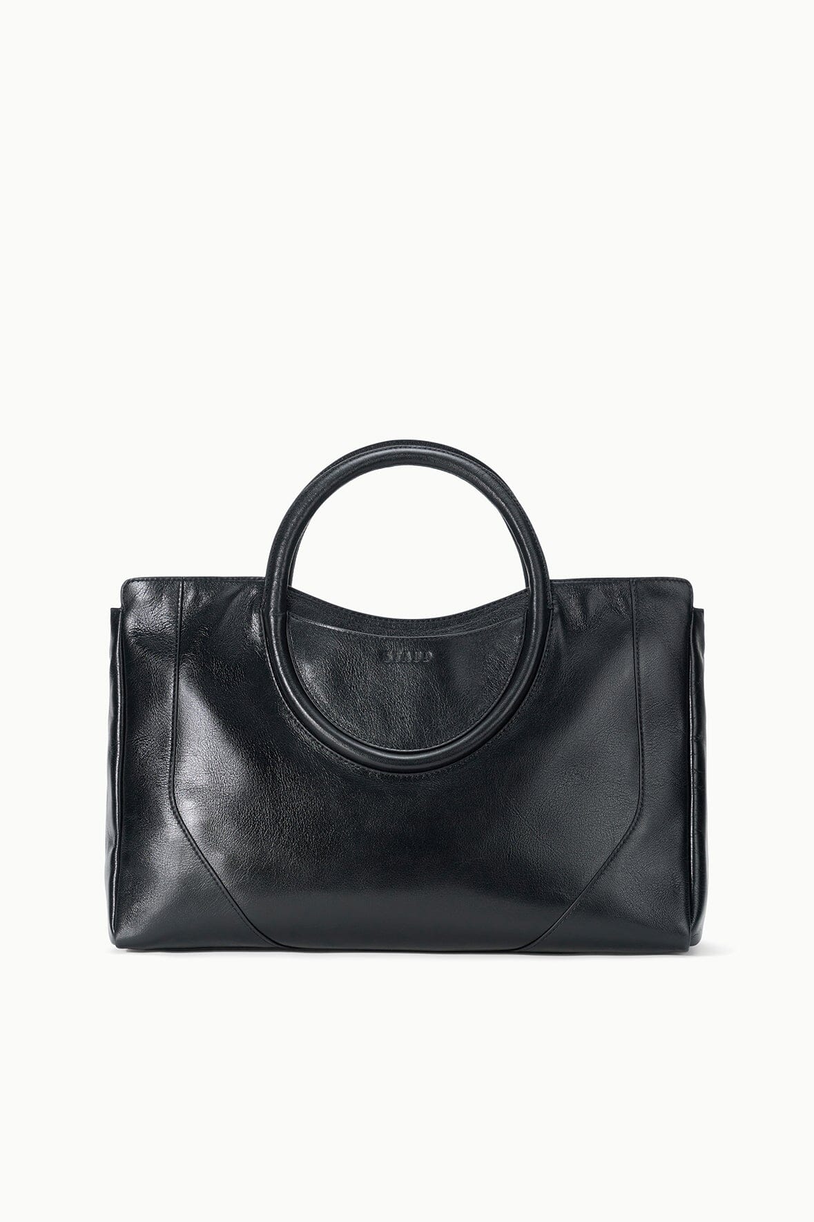 Maude black satchel, structured body with oval handle and front stitched seam