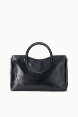 Maude black satchel, structured body with oval handle and front stitched seam