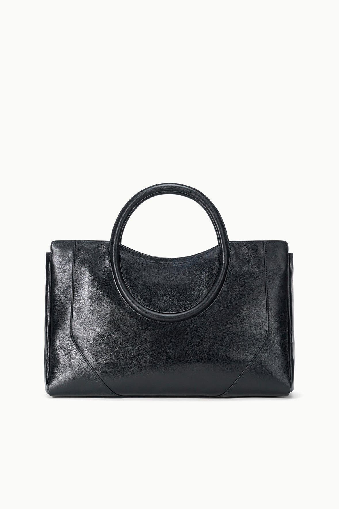 Maude black satchel with oval top handle and smooth front with subtle stitching