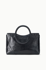 Maude black satchel with oval top handle and smooth front with subtle stitching