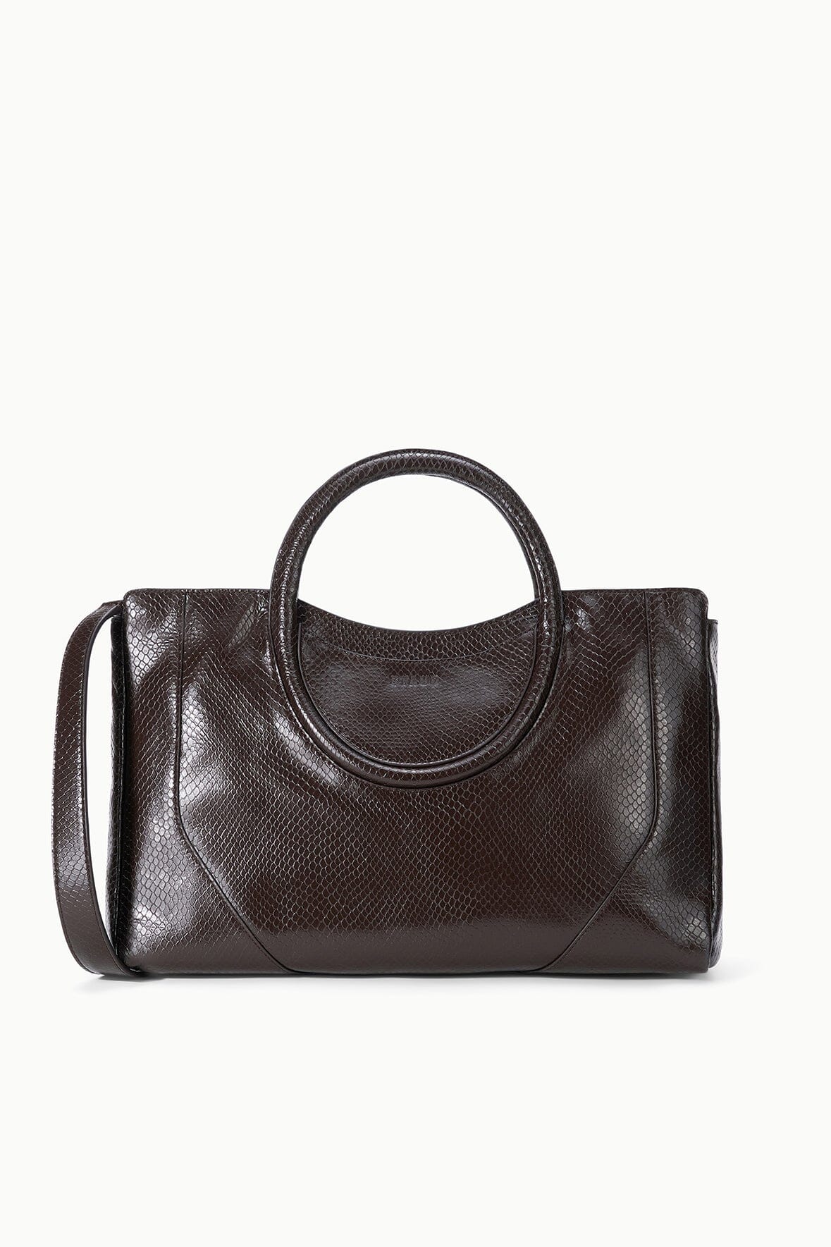 Espresso snake-embossed satchel with curved top handle and front pocket detail