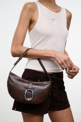 Espresso-brown crescent shoulder bag with silver O-ring clasp and adjustable shoulder strap
