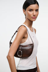 Espresso-brown crescent shoulder bag with braided strap and silver O-ring clasp
