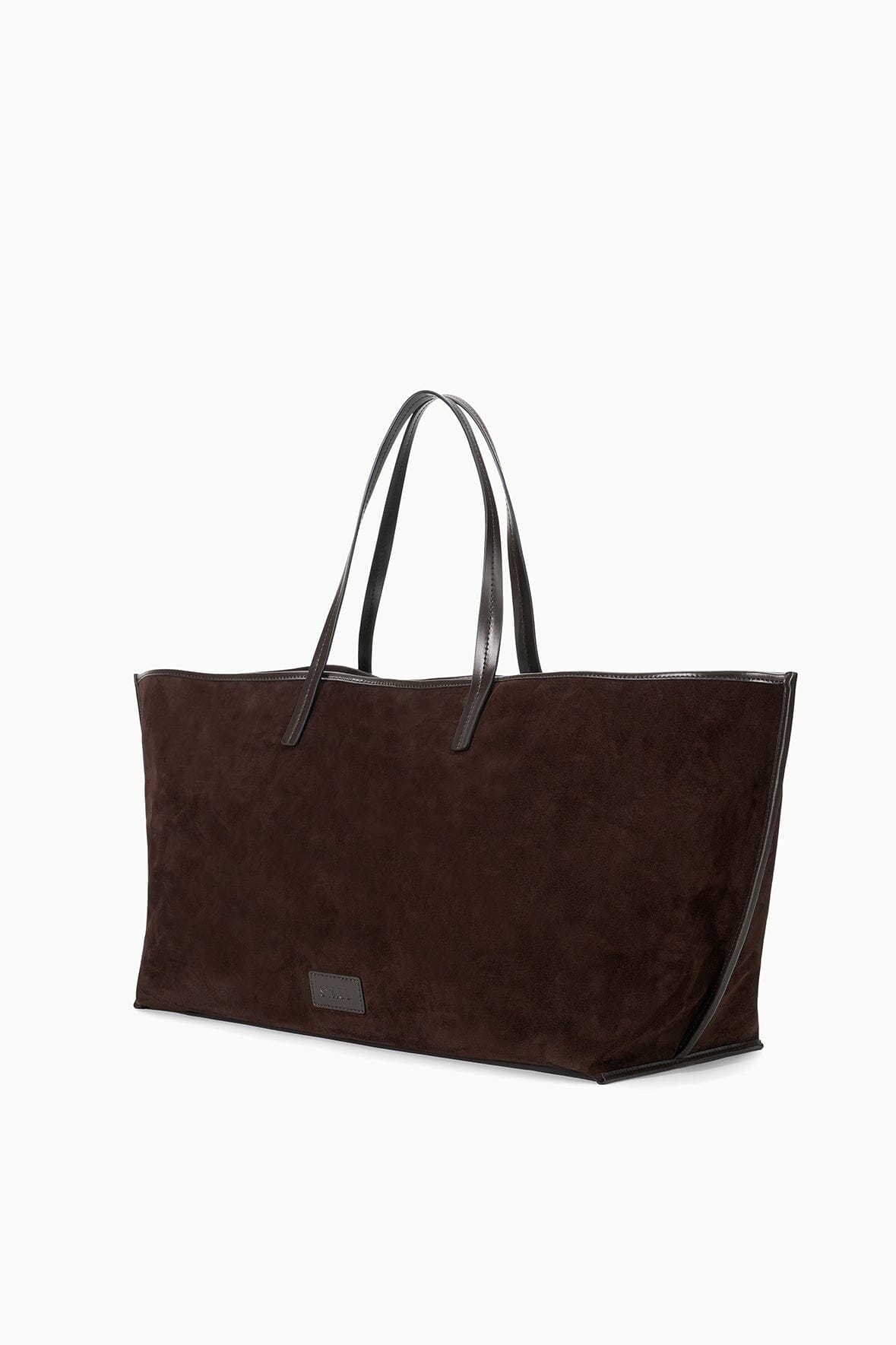 Brown suede large tote bag with two handles and front logo patch