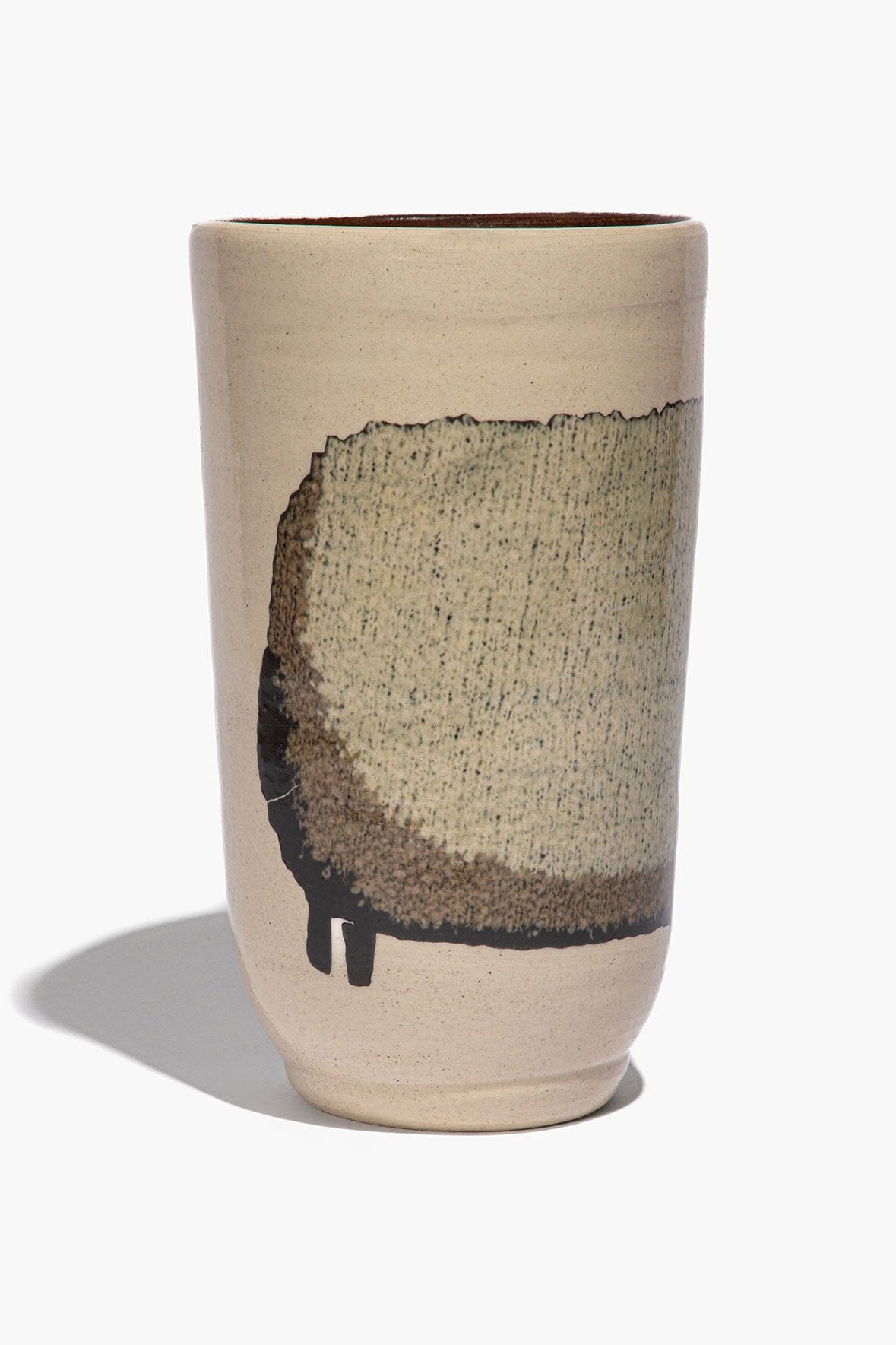 Tall ceramic sheep vase in speckled beige with dark sheep silhouette