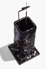 Ceramic tower incense holder with open tray, dark speckled confetti glaze