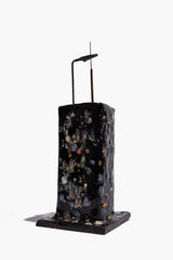 Ceramic tower incense holder with flat square base, dark confetti speckled glaze