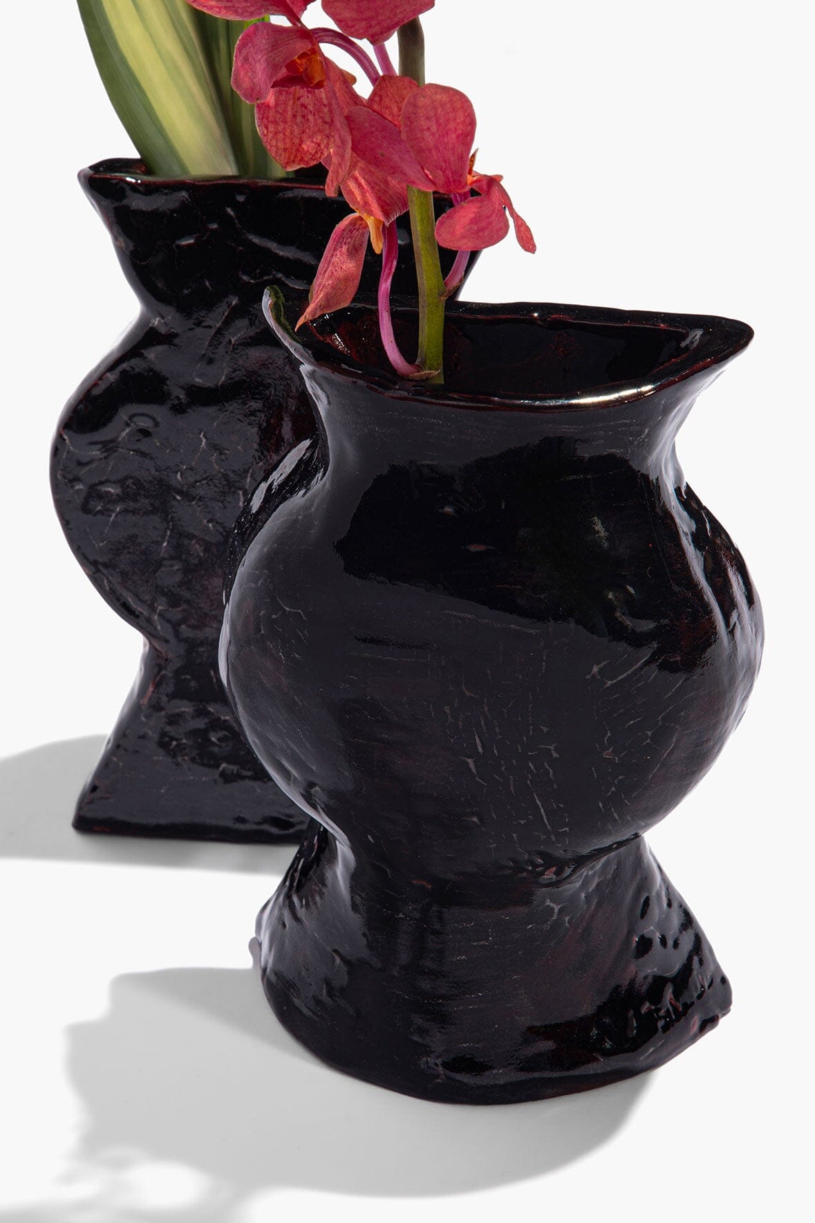 Black glossy ceramic vase bookends holding pink flowers and green stems