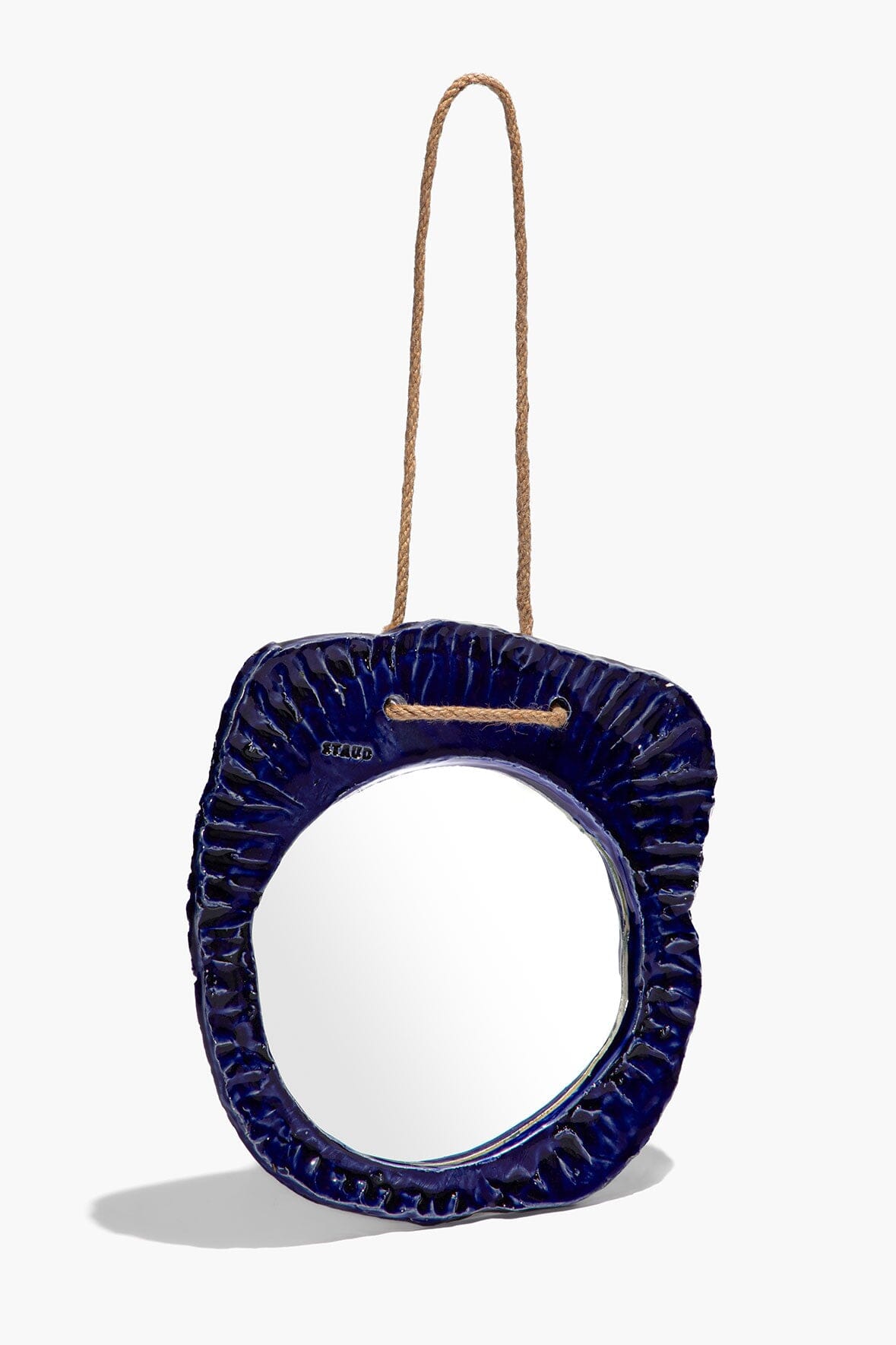 Indigo-glaze hanging wall mirror with round frame and jute hanging loop