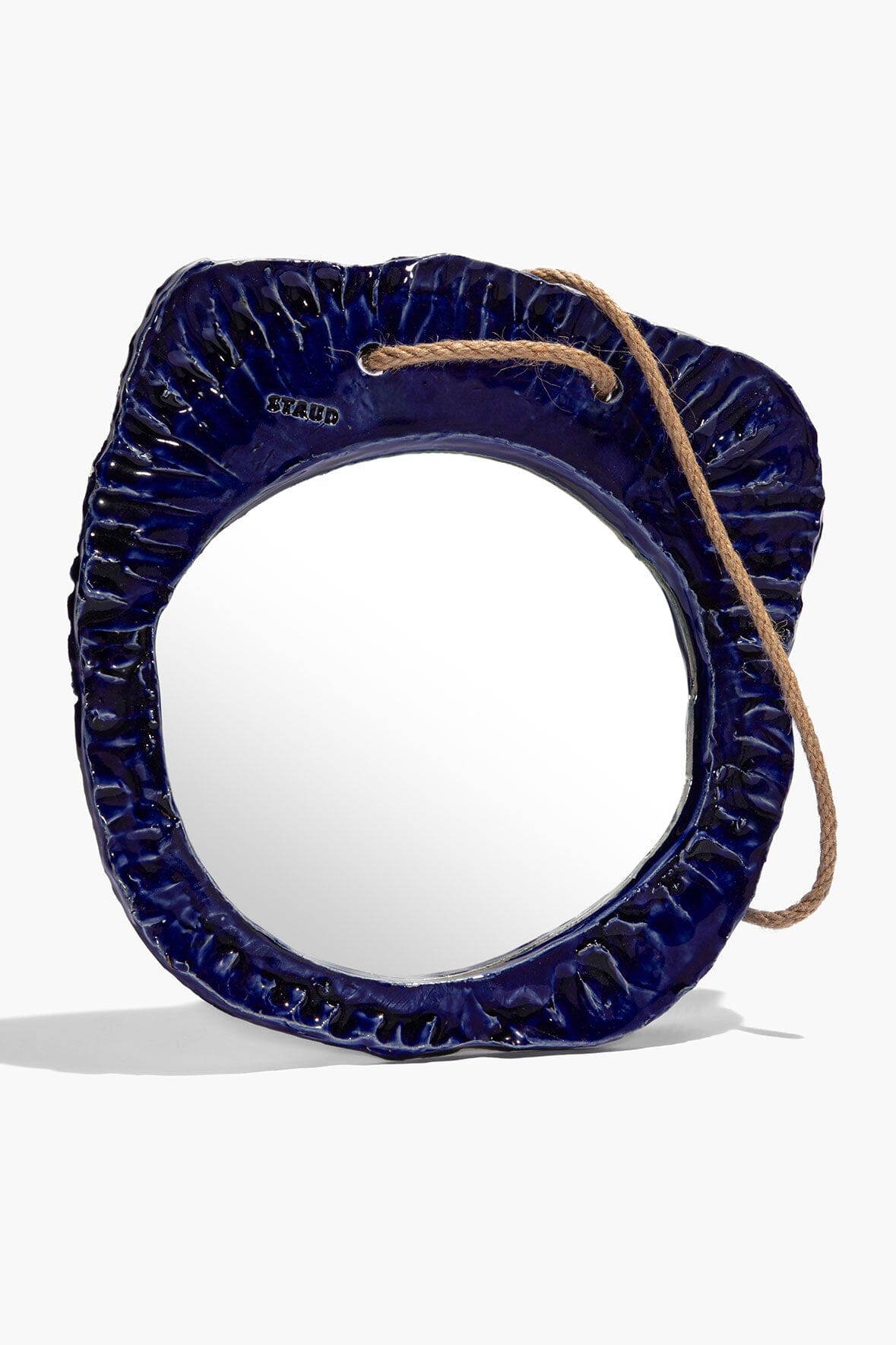 Indigo-glaze round hanging wall mirror, rope loop with textured cobalt-blue rim