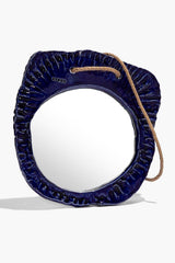 Indigo-glaze round hanging wall mirror, rope loop with textured cobalt-blue rim