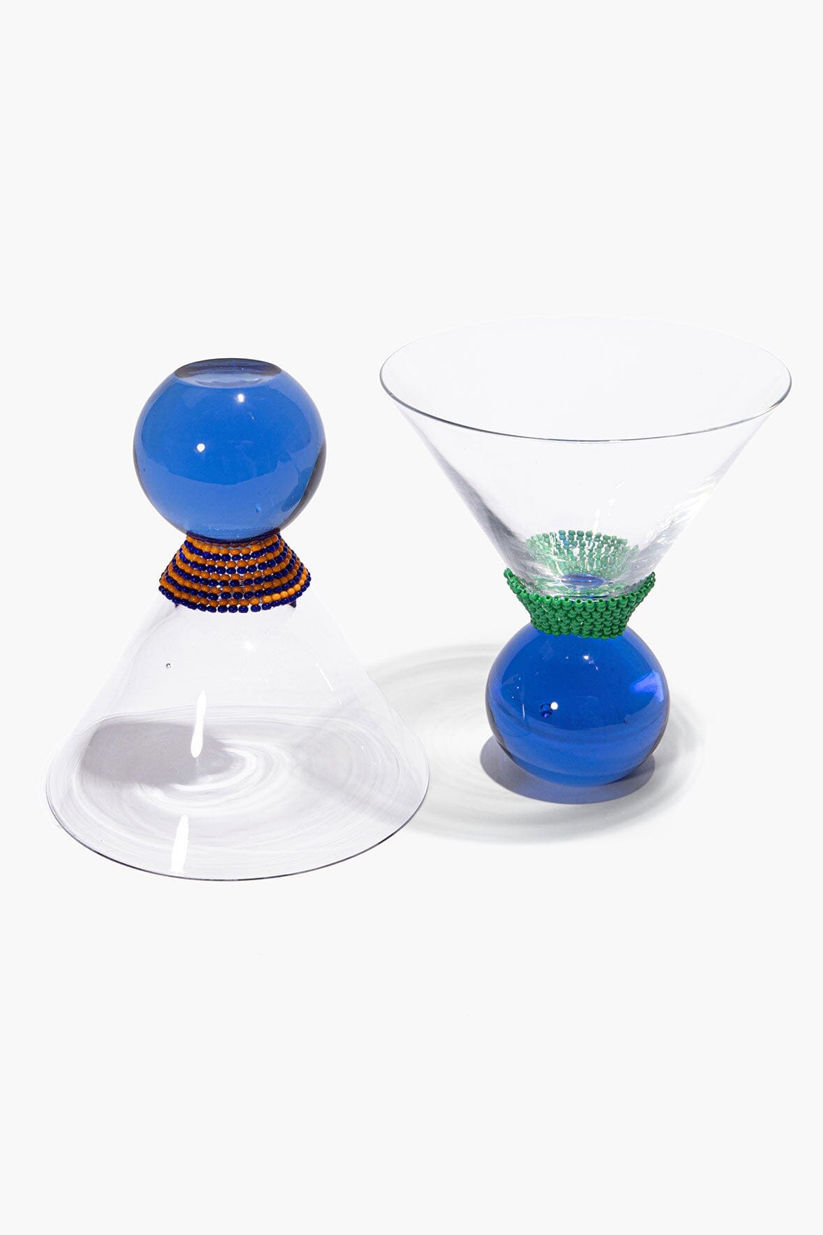 Blue beaded martini glass set with clear bowls and beaded blue stems