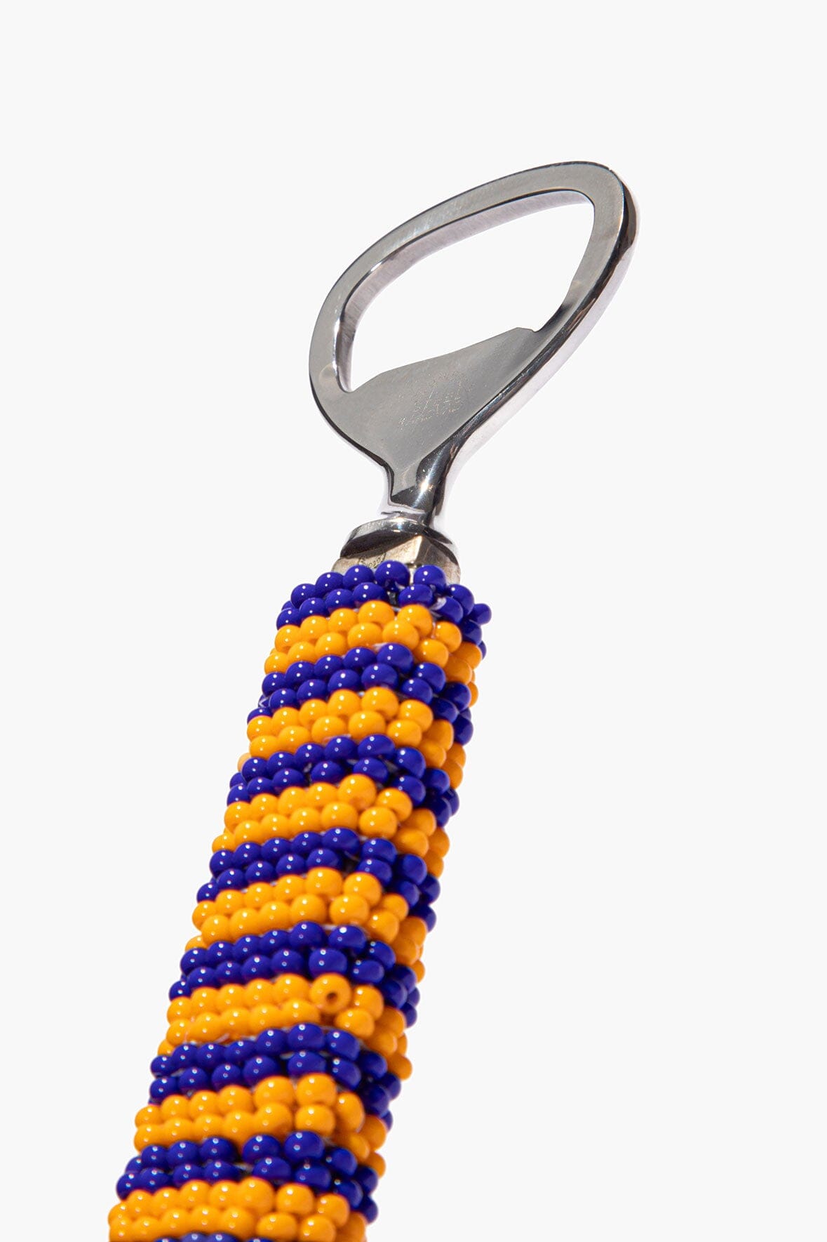 Beaded bottle opener with metal loop handle and blue/orange striped bead pattern