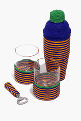 Beaded whiskey bar set bottle and glasses, blue, orange, and green beads, with clear holders