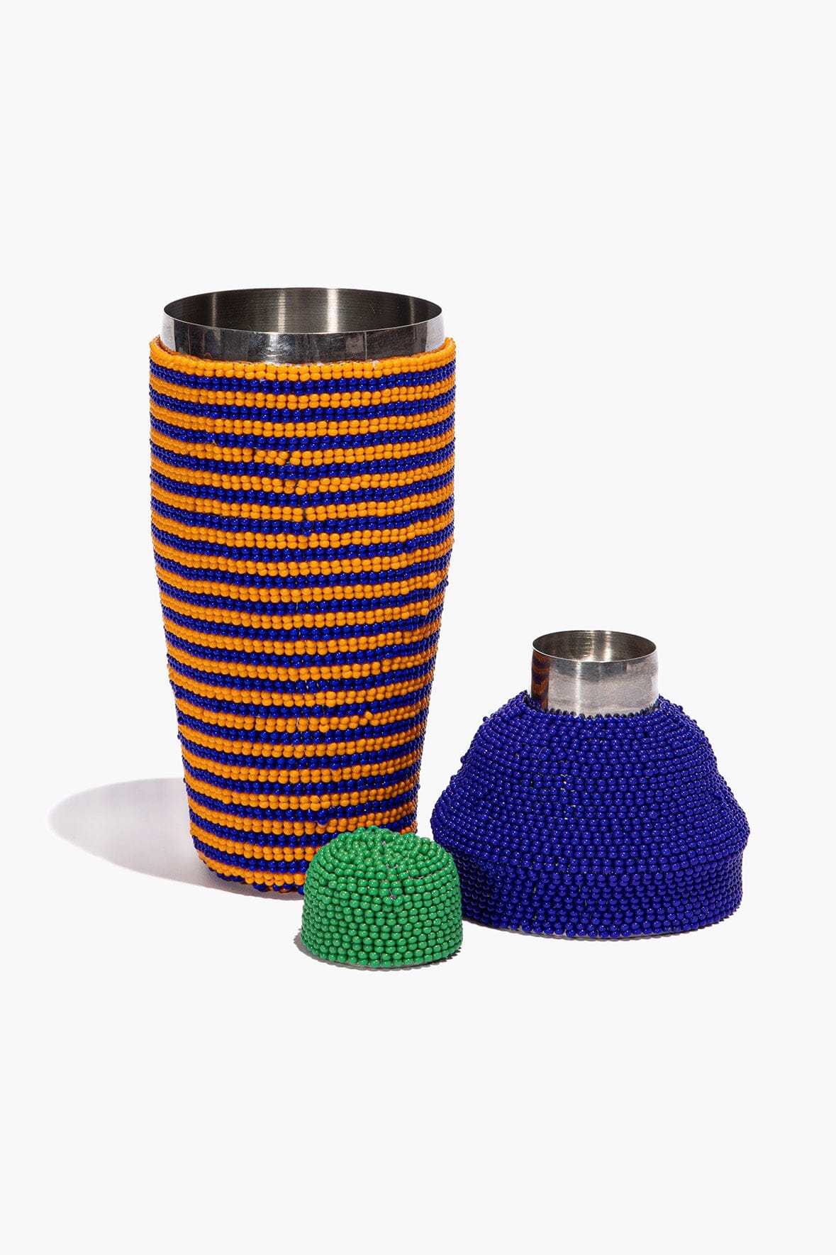 Beaded cocktail shaker set: blue and orange striped shaker with green cap and two cups