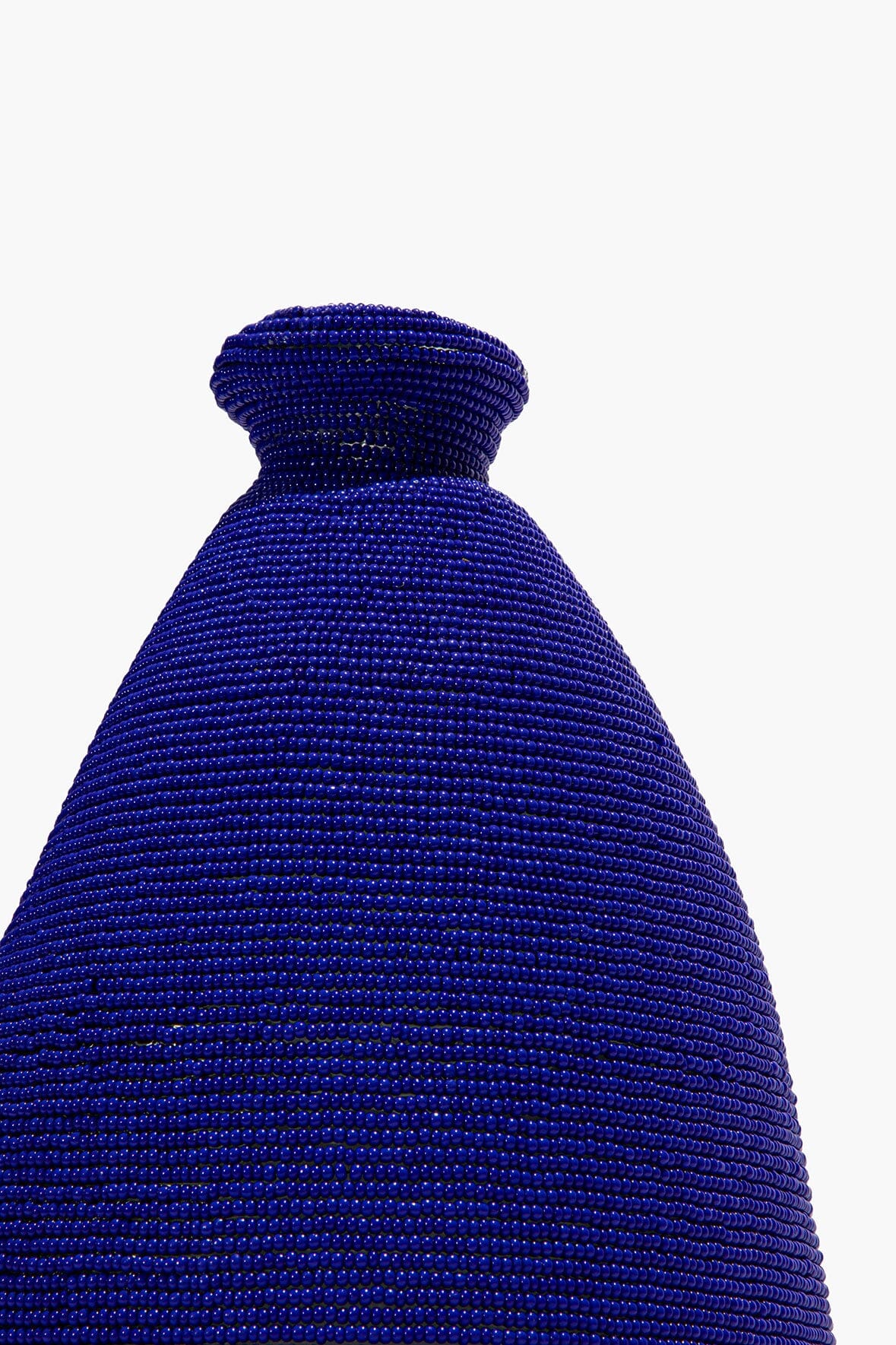 Blue hand-beaded vase neck with tight woven bead pattern