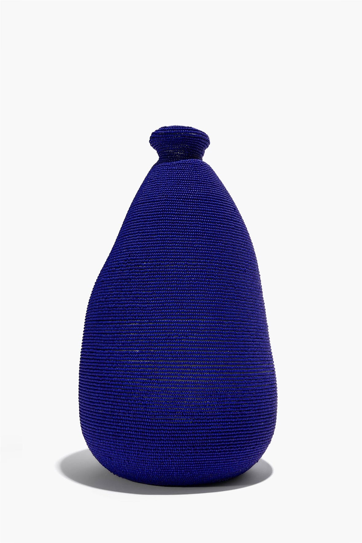 Blue hand-beaded vase with tapered sides and rounded base