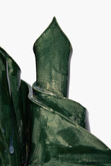 Ceramic triple candlestick holder with pointed candle cup, forest-green glaze finish