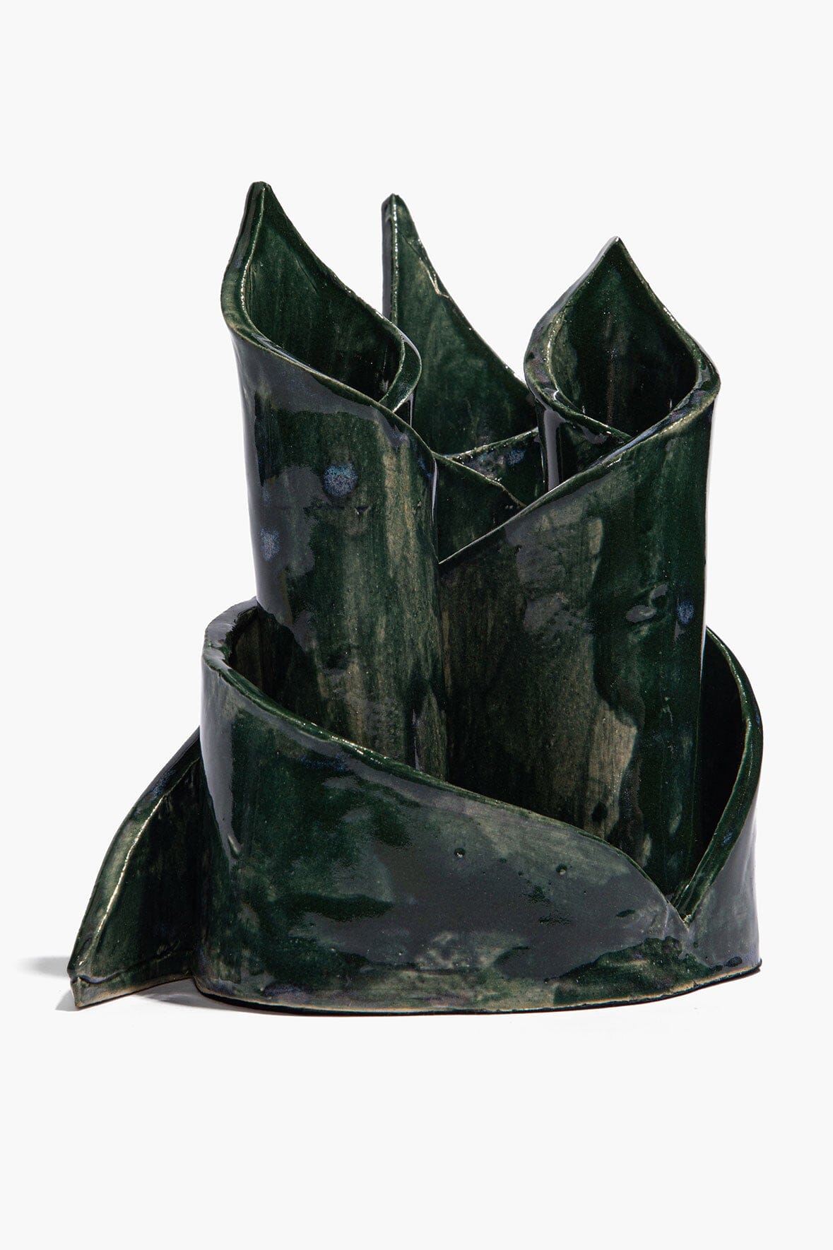 Ceramic triple candlestick holder with three pointed candle cups, forest-green glaze finish