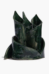 Ceramic triple candlestick holder with three pointed candle cups, forest-green glaze finish