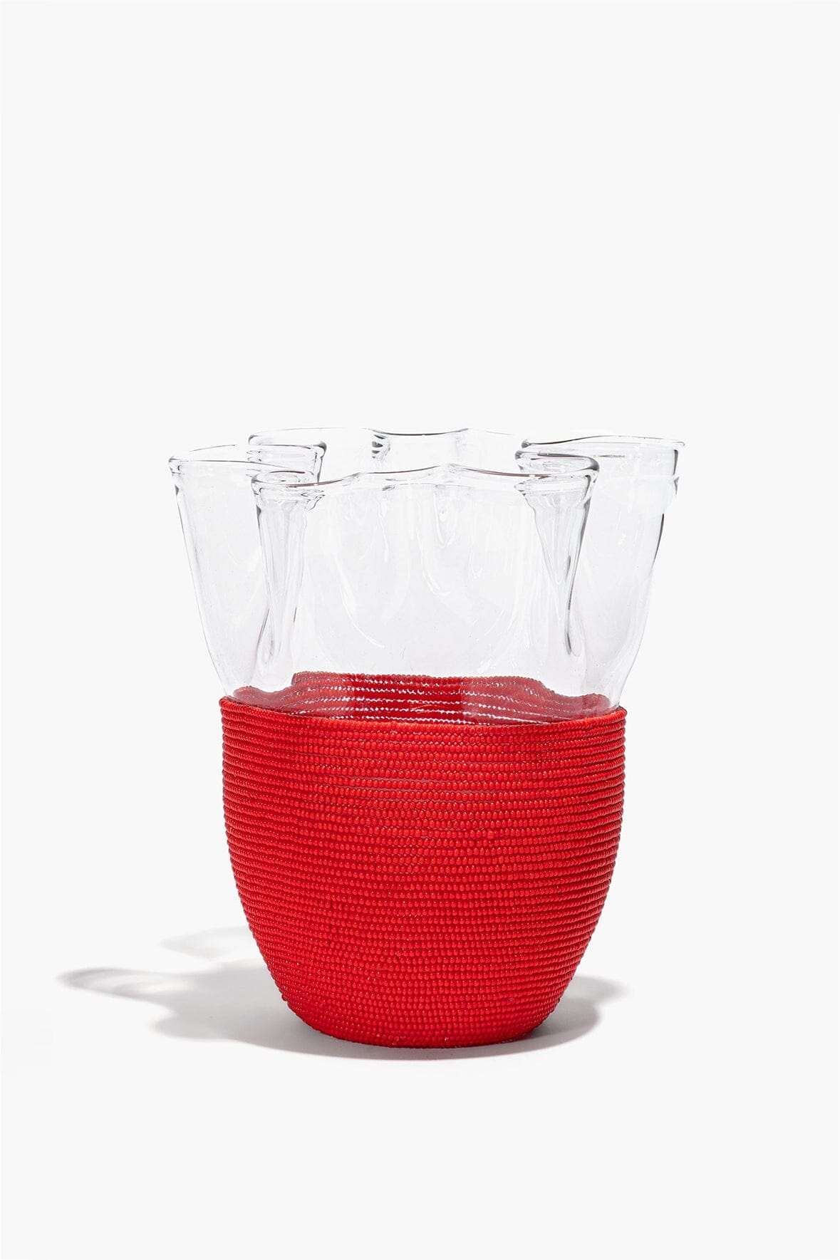 Red beaded vase with clear flared glass cup
