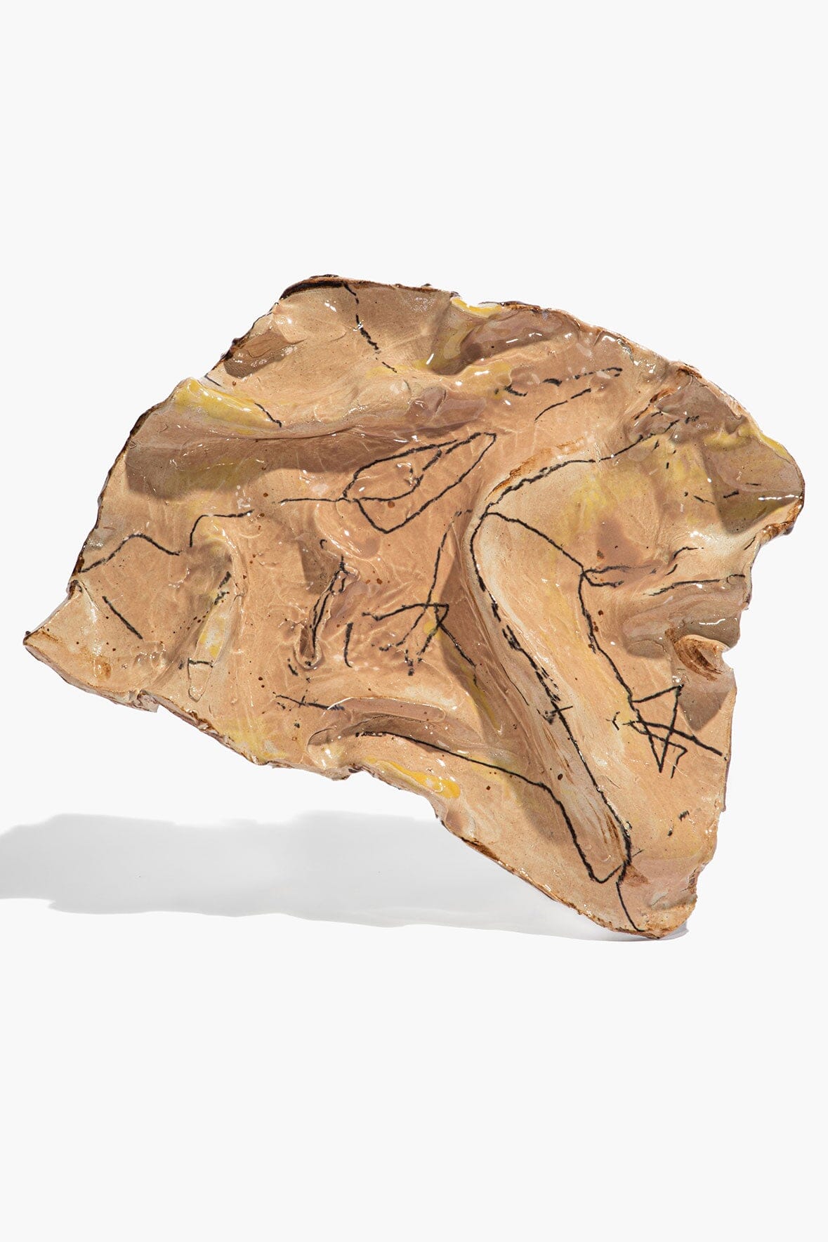 Ceramic crinkle wall art, tan with black line glaze, sculpted abstract plaque