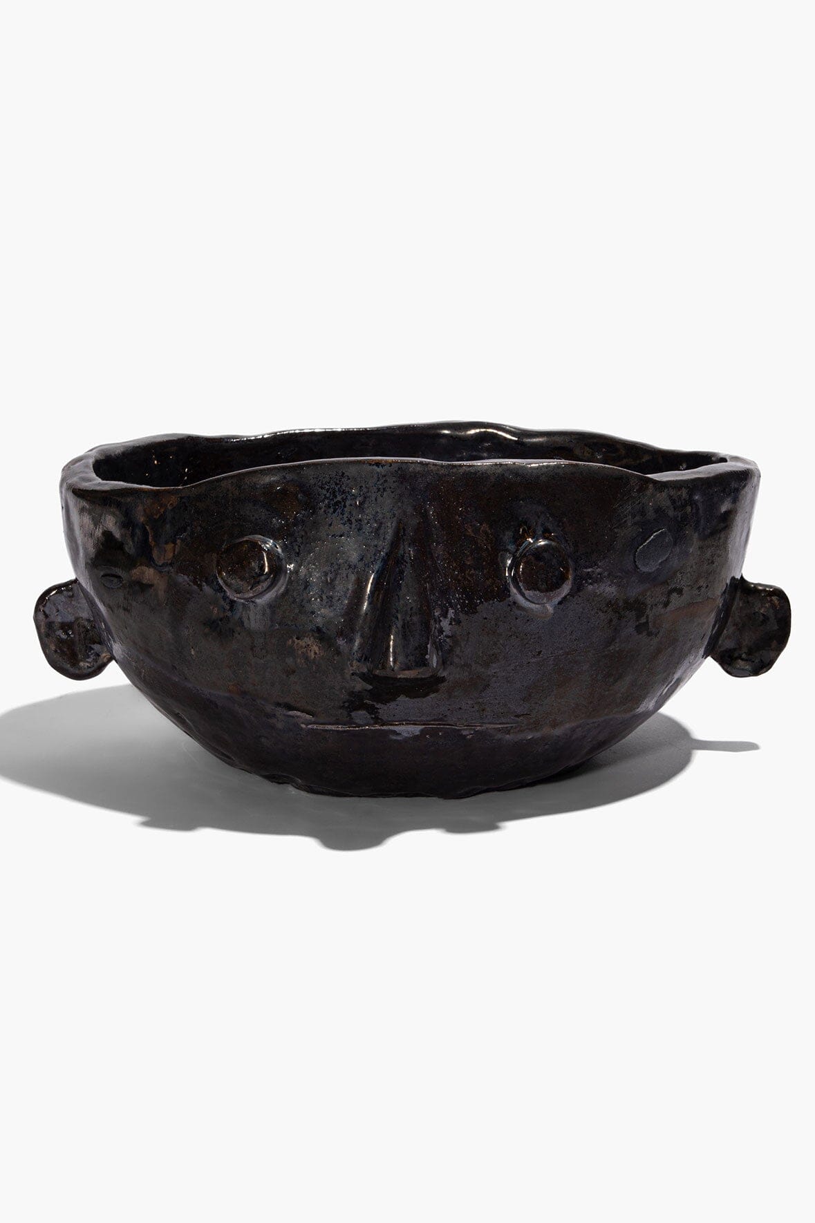 Large Henry bowl front view in dark glaze with two side knobs and smooth inner basin.