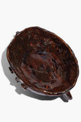 Medium Henry bowl with dark bronze glaze, shallow rim, small side handles.