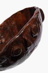 Medium Henry bowl detail, dark bronze glaze with molded accents and side handles.