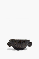 Small Henry bowl front view, dark glazed ceramic with two raised side handles