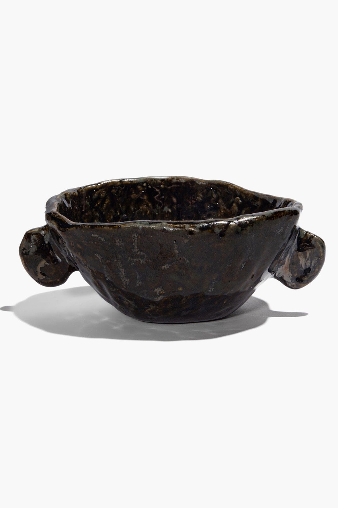 Small Henry bowl in dark steel glaze with sculpted handles, blue highlights