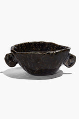 Small Henry bowl in dark steel glaze with sculpted handles, blue highlights