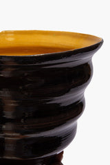 Stacked cone vase side detail with dark burgundy glaze and mustard rim
