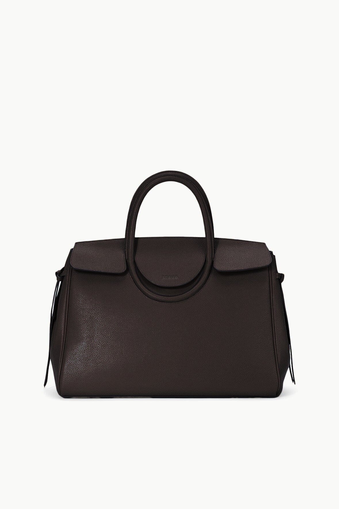 MAUDE espresso carryall handbag in dark brown with curved top handle and front flaps
